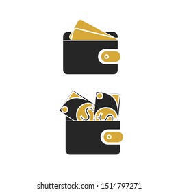 Wallet vector icon set in golden, black colors. Purse icon graphic illustration. Wallet with money, cards. Cash banking currency sign, money icon. Isolated objects on white background