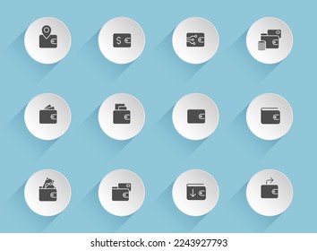 wallet vector icons on round puffy paper circles with transparent shadows on blue background. wallet stock vector icons for web, mobile and user interface design