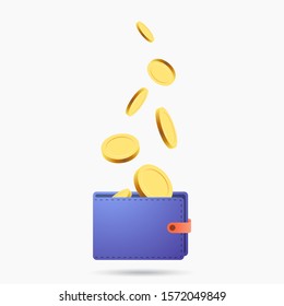 Wallet vector illustration, flat cartoon golden coins flying in wallet