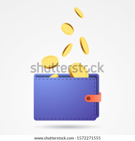 Wallet vector illustration, flat cartoon golden coins flying in wallet