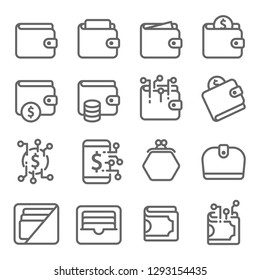 Wallet Vector Line Icon Set. Contains such Icons as Digital Asset, Card Bag, Coin, Purse and more. Expanded Stroke