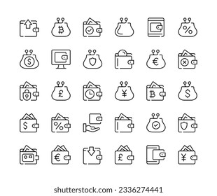 Wallet. Vector line icons set. Money concepts. Black outline stroke symbols