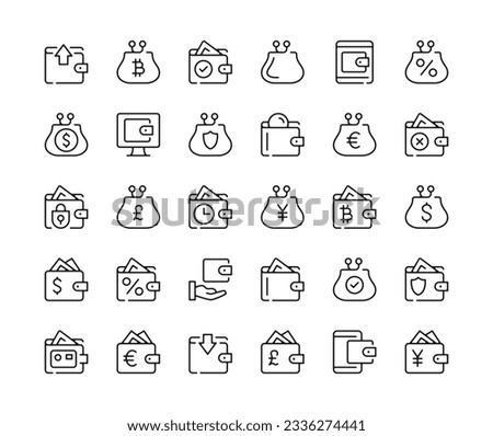 Wallet. Vector line icons set. Money concepts. Black outline stroke symbols