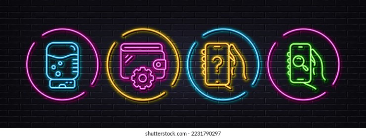 Wallet, Water cooler and Ask question minimal line icons. Neon laser 3d lights. Search app icons. For web, application, printing. Money budget, Office drink, Quiz phone. Find smartphone. Vector