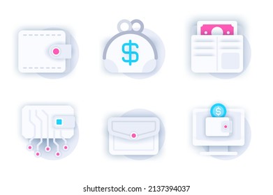 Wallet web concept of 3d paper icons set. Pack flat pictograms of different types of wallets, cash storage, money savings, online services and payment. Vector elements for mobile app and website