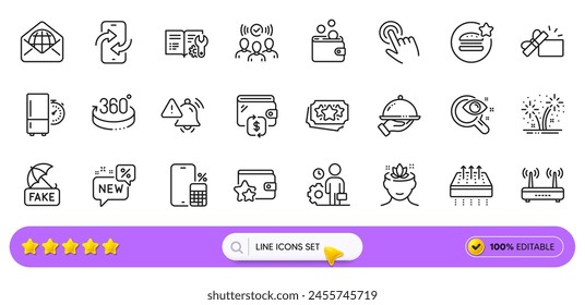 Wallet, Web mail and 360 degrees line icons for web app. Pack of New, Breathable mattress, Phone calculator pictogram icons. Refrigerator timer, Fireworks, Loyalty program signs. Search bar. Vector