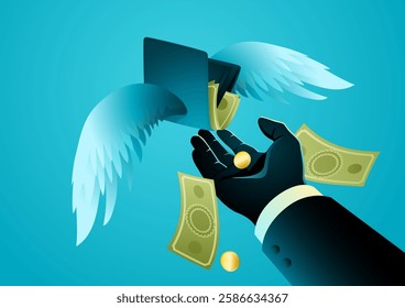 Wallet with wings slipping from a businessmans hand, with cash falling out. Symbolizing financial loss, overspending, economic crisis, business risks, missed opportunity, and money management