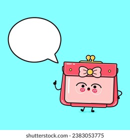 Wallet for women with speech bubble. Vector hand drawn cartoon kawaii character illustration icon. Isolated on blue background. Wallet for women character concept