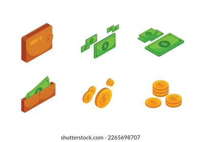 Wallet,bag brown,Money banknote and bank dollars,Dollars stacks,Open in wallet has banknote dollar,golds dollars coins,Stacks coins dollars.Money and wallet,Save money in wallet isometric vector. 