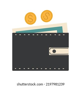 Billetes y monedas, e pago, devolución en efectivo, reembolso, concepto de ilustrador vectorial pila de monedas y billetera.
