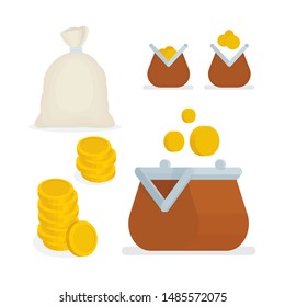 Wallets, golden coins and money bag. Finance cartoon style illustrations set. Part of set.
