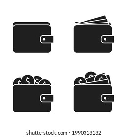 Wallets icons set isolated on white background. Wallets with and without money. Finance or payment concept. Vector illustration
