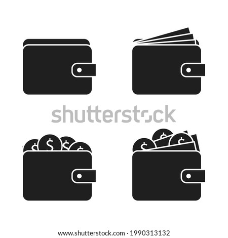Wallets icons set isolated on white background. Wallets with and without money. Finance or payment concept. Vector illustration
