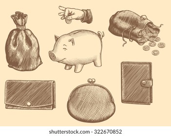 Wallets and Piggy banks. Design set. Hand drawn engraving. Vector vintage illustration. 8 EPS