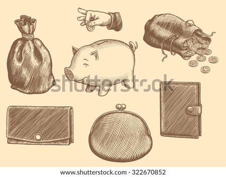 Wallets and Piggy banks. Design set. Hand drawn engraving. Vector vintage illustration. 8 EPS