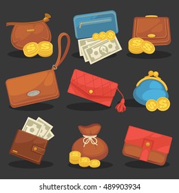 Wallets purse money Icons set of wallets with money shopping. Purse with cash. Business and finance symbols. wallets purse money Vector illustration in cartoon style. Isolated on black background