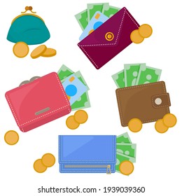 Wallets set with paper money and coins. Vector illustration isolated on white background in cartoon flat style.