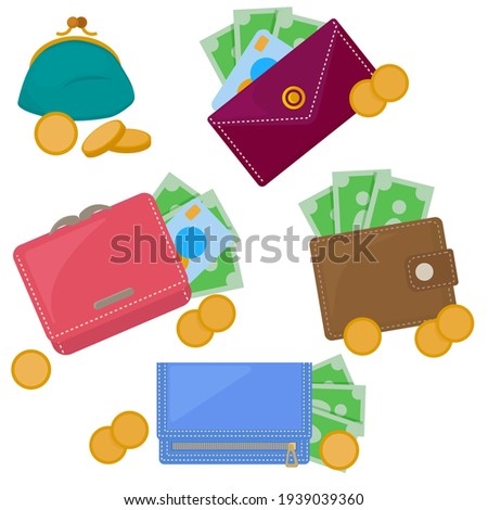 Wallets set with paper money and coins. Vector illustration isolated on white background in cartoon flat style.