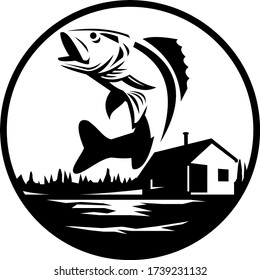 Walleye Fish Jumping on Lake With Lodge Cabin Circle Black and White Retro