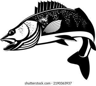 Walleye Fish Logo. Unique and fresh walleye fish jumping out of the water. Great to use as your fishing activity. 