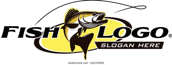 Walleye Fish Logo. Unique and fresh zander fish jumping out of the water. Great to use as your walleye fishing activity. 