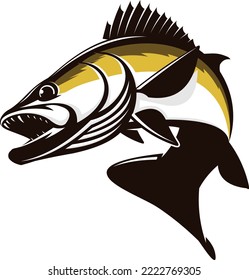 Walleye Fish Logo. Unique and fresh zander fish jumping out of the water. Great to use as your walleye fishing activity. 