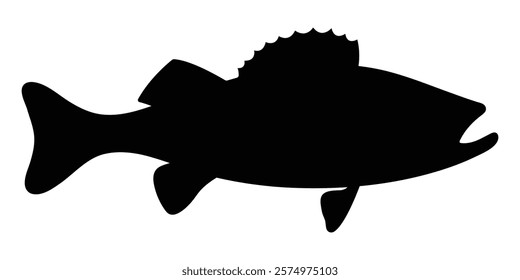 Walleye fish vector icon. Ideal for fishing, aquatic life, or wildlife design themes. Black silhouette isolated on white background.