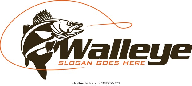 Walleye Fishing Logo, Fresh and Unique walleye fish jumping out of the water with fishing line in it. Great to use as your walleye fishing activity. 