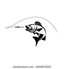 Logo de Walleye Fishing. Pescado Walleye único y fresco saltando fuera del agua. Excelente para usar como su actividad de pesca de ojo de valla. 