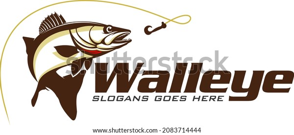 Walleye\
Fishing Logo. Unique and Fresh Walleye fish jumping Out of the\
water, Great for your Walleye fishing Activity.\
