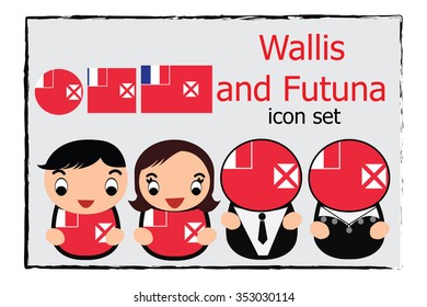 Wallis and Futuna boy, girl, businessman, business women cartoon vector illustration and Wallis and Futuna round, square and normal flag icon set
