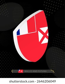 Wallis and Futuna Flag Shield icon in 3D on Dark Modern Abstract Rugby Background. Perfect for sports events, heritage themes, national celebrations, and patriotic designs.
