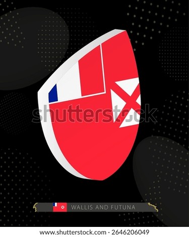 Wallis and Futuna Flag Shield icon in 3D on Dark Modern Abstract Rugby Background. Perfect for sports events, heritage themes, national celebrations, and patriotic designs.
