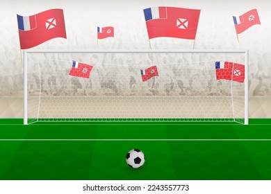 Wallis and Futuna football team fans with flags of Wallis and Futuna cheering on stadium, penalty kick concept in a soccer match. Sports vector illustration.