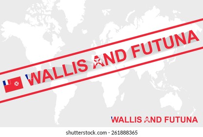 Wallis and Futuna map flag and text illustration, on world map