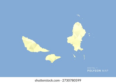 Mapa de Wallis y Futuna en estilo de Vector de polígono bajo, ilustración de forma geométrica con tonos amarillos suaves sobre fondo azul, silueta limpia para infografía.