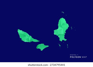 Mapa de Wallis y Futuna: Vector de polígono bajo, silueta triangulada geométrica en tonos verdes y azules, estilo moderno limpio, fondo aislado para uso infográfico.