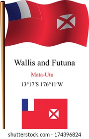 wallis and futuna wavy flag and coordinates against white background, vector art illustration, image contains transparency