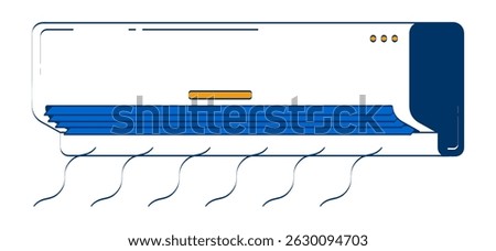Wall-mounted air conditioner blowing cool air 2D doodle object. Home cooling. Airconditioner AC appliance cartoon element flat vector clipart isolated on white background. Hand drawn illustration