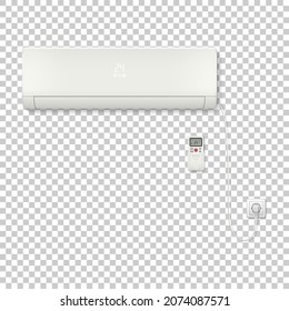 Wall-mounted air conditioner connected with wire with plug to the socket and control panel. Air conditioner on transparent background. Vector illustration.