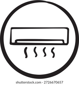 an der Wand angebrachte Klimaanlage, die Luftströmungswellen aussendet. Sauberer Outline-Stil ideal für Klimaanlagen, Smart Home Apps, Klima-Dashboards. Minimales handskizziertes Liniensymbol.