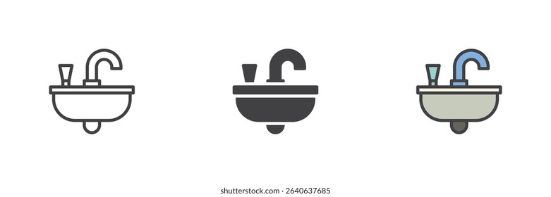 Wall-mounted bathroom sink basin icon vector set in line, solid, and filled outline colorful styles. Symbol of hygiene and interior bathroom utilities.