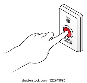 A wall-mounted duress alarm with a finger pushing the activation button.