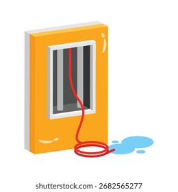 Wandmontiertes elektrisches Paneel mit internen Leitungen und Schaltern.
