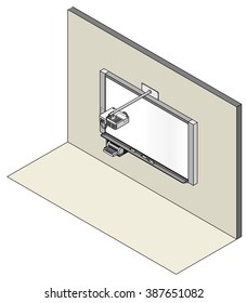 A wall-mounted electronic printing whiteboard, short throw projector.