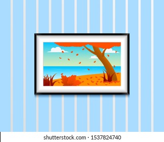 Wall-mounted image of a picturesque landscape. Forest river in golden autumn. Nature, trees, leaf fall. Times of the year or seasons