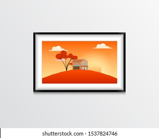 Wall-mounted image of a picturesque landscape. Forest river in golden autumn. Nature, trees, leaf fall. Times of the year or seasons