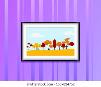 Wall-mounted image of a picturesque landscape. Forest river in golden autumn. Nature, trees, leaf fall. Times of the year or seasons