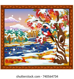 Wall-mounted image of a picturesque landscape. Forest river, late autumn nature, tree, bullfinch. Times of the year or seasons. Vector cartoon close-up illustration.
