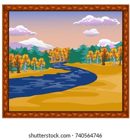 Wall-mounted image of a picturesque landscape. Forest river in summer. Overcast weather. Times of the year or seasons. Vector cartoon close-up illustration.